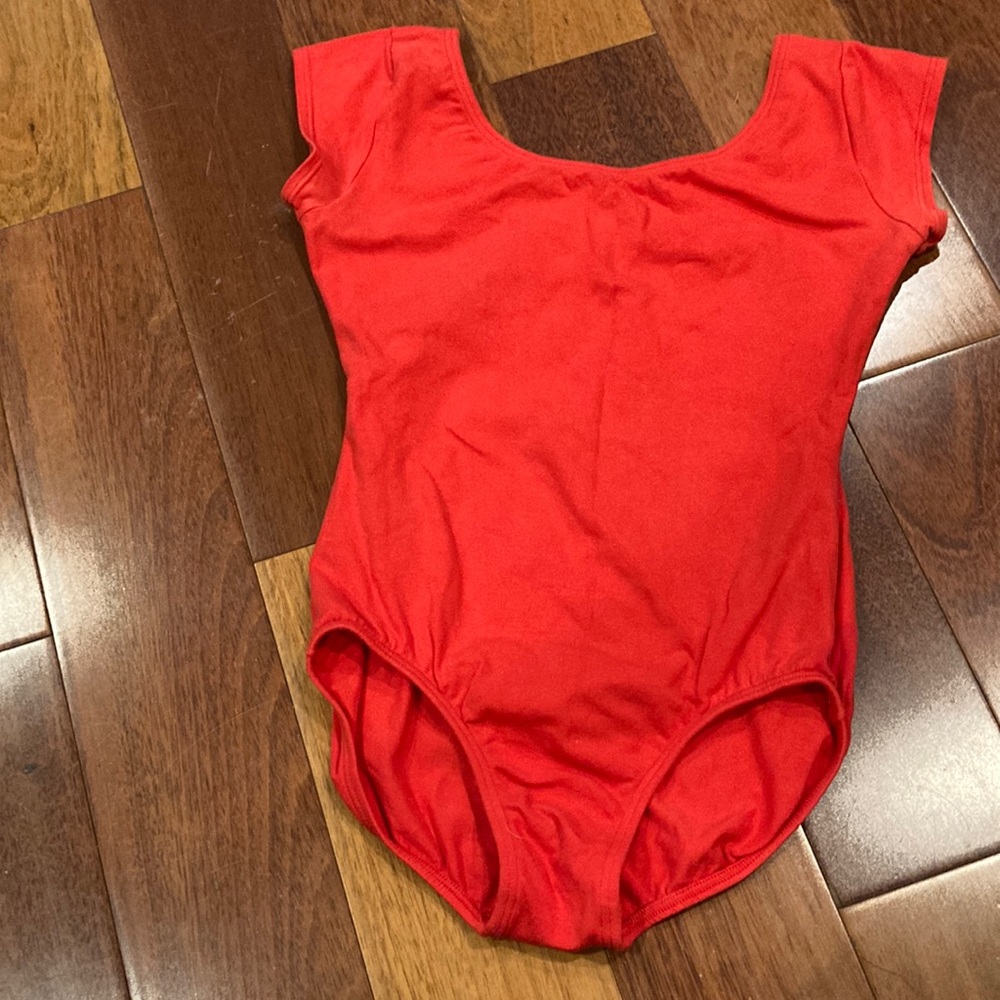 Woman’s salmon colored leotard scooped neck.